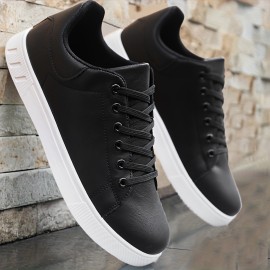 Men's Solid Lace-up Skateboard Shoes With PU Leather Uppers, Fashion Comfortable Non-slip Outdoor Shoes Walking Jogging Sneakers