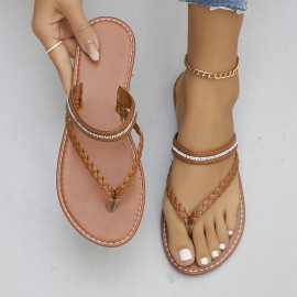 Women's Toe Loop Flat Sandals, Solid Color Ankle Buckle Strap Shoes, Casual Outdoor Beach Sandals