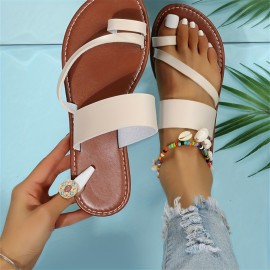 Women's Toe Loop Flat Slippers, Casual Solid Open Toe Non Slip Slides Shoes, Outdoor Summer Beach Slippers