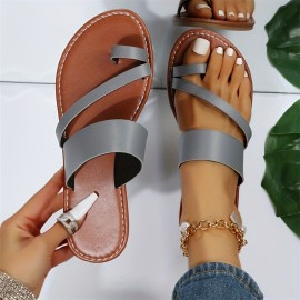 Women's Toe Loop Flat Slippers, Casual Solid Open Toe Non Slip Slides Shoes, Outdoor Summer Beach Slippers