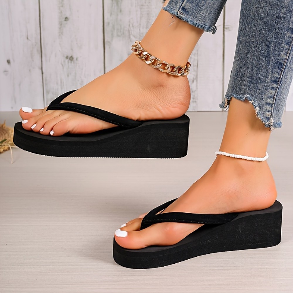 Women's Solid Color Flip Flops, Casual Clip Toe Summer Shoes, Comfortable Platform Beach Shoes