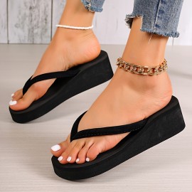 Women's Solid Color Flip Flops, Casual Clip Toe Summer Shoes, Comfortable Platform Beach Shoes