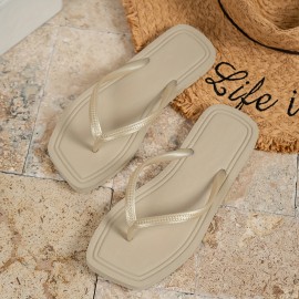 Women's Solid Color Flip Flops, Slip On Square Toe Non-slip Flat Lightweight Minimalist Slides, Outdoor Beach Comfy Shoes