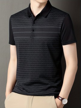 Men's Casual Fashion Printed Stripe Lapel 1/4 Button Short Sleeve Shirt For Men's Golf