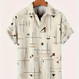 Geometry Pattern, Men's Turndown Collar Trendy Comfy Short Sleeve Shirt For Summer, Mens Clothing