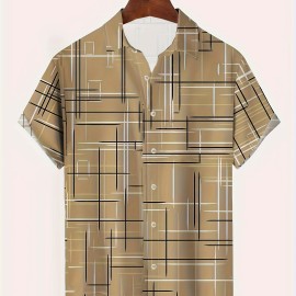 Geometry Pattern, Men's Turndown Collar Trendy Comfy Short Sleeve Shirt For Summer, Mens Clothing