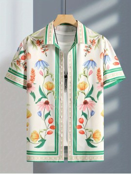 3D Flower Pattern Print Men's Short Sleeve Button Up Lapel Shirt For Summer Holiday Resort, Hawaiian Style Shirt