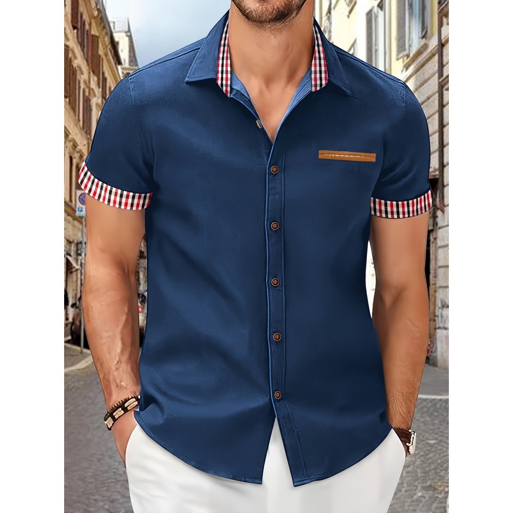 Checkered Men's Short Sleeve Button Down Shirt With Fake Chest Pocket, Summer Outdoor Men's Leisurewear