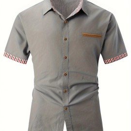 Checkered Men's Short Sleeve Button Down Shirt With Fake Chest Pocket, Summer Outdoor Men's Leisurewear