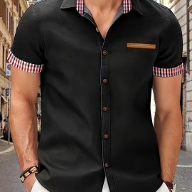 Checkered Men's Short Sleeve Button Down Shirt With Fake Chest Pocket, Summer Outdoor Men's Leisurewear