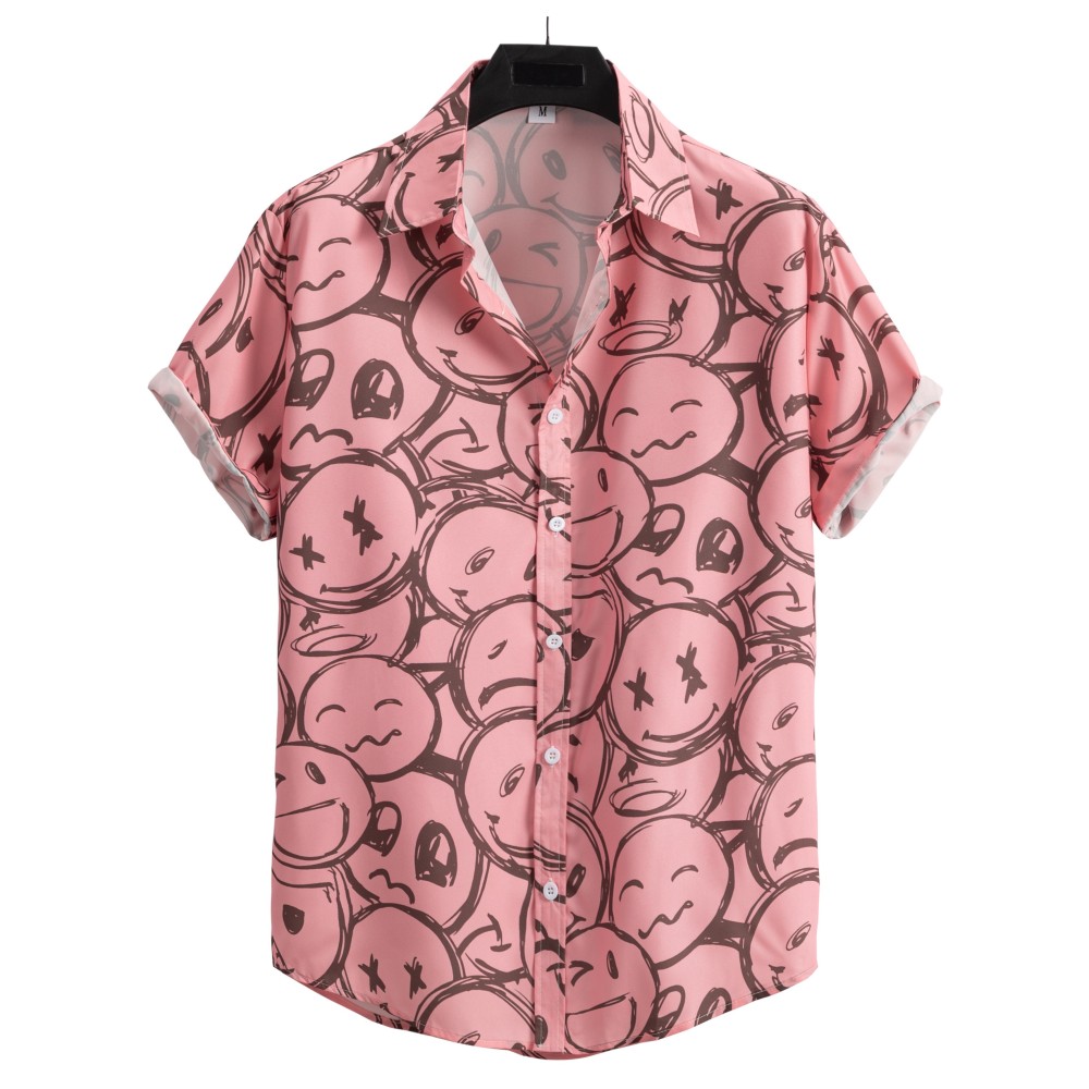 Cartoon Face Print Men's Casual Short Sleeve Shirt, Men's Shirt For Summer Vacation Resort