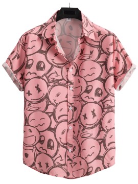 Cartoon Face Print Men's Casual Short Sleeve Shirt, Men's Shirt For Summer Vacation Resort