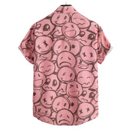 Cartoon Face Print Men's Casual Short Sleeve Shirt, Men's Shirt For Summer Vacation Resort