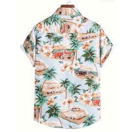 Retro Cat & Coconut Tree Print Men's Casual Short Sleeve Hawaiian Shirt, Men's Shirt For Summer Vacation Resort, Tops For Men, Gift For Men