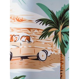 Retro Cat & Coconut Tree Print Men's Casual Short Sleeve Hawaiian Shirt, Men's Shirt For Summer Vacation Resort, Tops For Men, Gift For Men