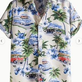 Retro Cat & Coconut Tree Print Men's Casual Short Sleeve Hawaiian Shirt, Men's Shirt For Summer Vacation Resort, Tops For Men, Gift For Men