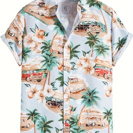 Retro Cat & Coconut Tree Print Men's Casual Short Sleeve Hawaiian Shirt, Men's Shirt For Summer Vacation Resort, Tops For Men, Gift For Men