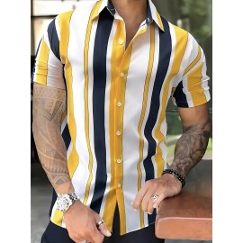 Color Block Stripe Pattern Print Men's Short Sleeve Button Up Lapel Shirt For Summer Resort Holiday, Hawaiian Style