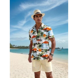 Men's Beach Scenery Button Up Short Sleeve Hawaiian Shirt For Summer, Vacation Resort, Men's Shirt