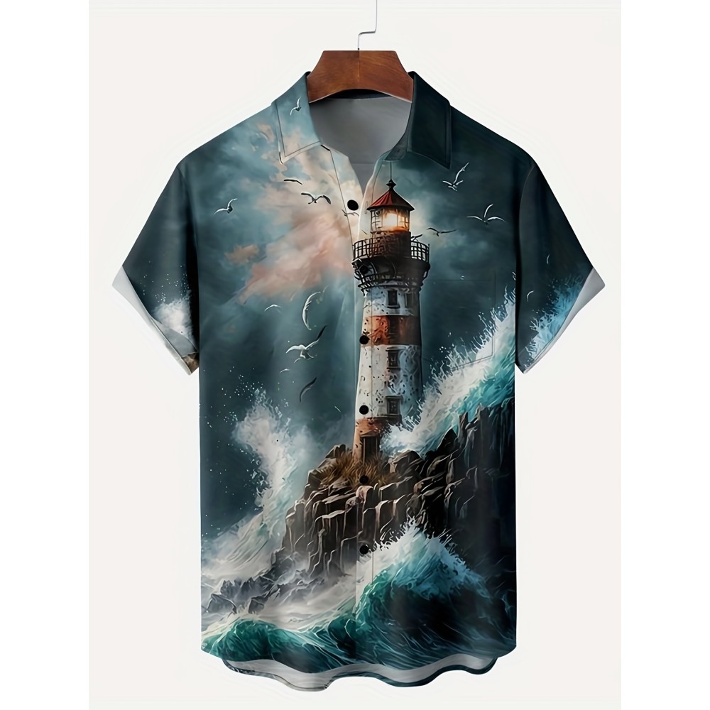 Men's Casual Short Sleeve Lighthouse Print Shirt - Perfect for Summer Vacation and Resort Wear