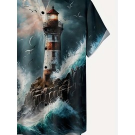 Men's Casual Short Sleeve Lighthouse Print Shirt - Perfect for Summer Vacation and Resort Wear