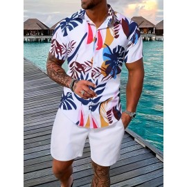 Men's Leaves Pattern Print Short Sleeve Lapel Shirt Top, Male Casual Button Up Shirt For Daily And Vacation Resorts Beach