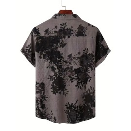 Mens Casual Flowery Pattern Non Stretch Crew Neck Short Sleeve Cotton T-shirt, Male Clothes For Summer