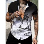 Anime Beach Pattern Men's Chic Gradient Short Sleeve Button Down Shirt, Summer Resort Vacation