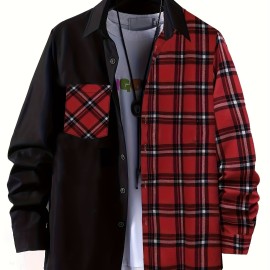 Men's Casual Plaid Pattern Color Block Button Up Shirt - Thin Long Sleeve with Chest Pocket for Summer, Spring, and Fall