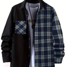 Men's Casual Plaid Pattern Color Block Button Up Shirt - Thin Long Sleeve with Chest Pocket for Summer, Spring, and Fall