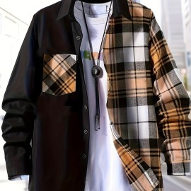 Men's Casual Plaid Pattern Color Block Button Up Shirt - Thin Long Sleeve with Chest Pocket for Summer, Spring, and Fall