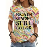 Broken Crayon Still Colorful Print T-shirt, Casual Short Sleeve Crew Neck Top For Spring & Summer, Women's Clothing