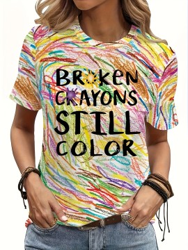 Broken Crayon Still Colorful Print T-shirt, Casual Short Sleeve Crew Neck Top For Spring & Summer, Women's Clothing
