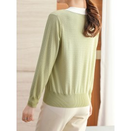 Elegant Polo Neck Top, Cool And Breathable Fabric, Long Sleeve Top For Spring & Fall, Women's Clothing