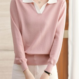 Elegant Polo Neck Top, Cool And Breathable Fabric, Long Sleeve Top For Spring & Fall, Women's Clothing