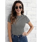 Plaid Print Mock Neck T-Shirt, Casual Short Sleeve T-Shirt For Spring & Summer, Women's Clothing