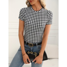 Plaid Print Mock Neck T-Shirt, Casual Short Sleeve T-Shirt For Spring & Summer, Women's Clothing