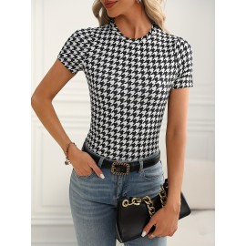 Plaid Print Mock Neck T-Shirt, Casual Short Sleeve T-Shirt For Spring & Summer, Women's Clothing