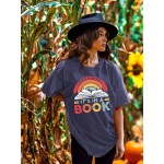 Colorful Letter & Book Print T-Shirt, Short Sleeve Crew Neck Casual Top For Spring & Summer, Women's Clothing