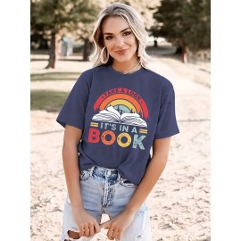 Colorful Letter & Book Print T-Shirt, Short Sleeve Crew Neck Casual Top For Spring & Summer, Women's Clothing