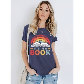 Colorful Letter & Book Print T-Shirt, Short Sleeve Crew Neck Casual Top For Spring & Summer, Women's Clothing