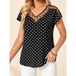 Polka-dot Print Mesh Splicing V-neck Top, Vintage Short Sleeve Top For Spring & Summer, Women's Clothing