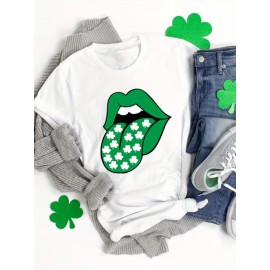 St. Patrick's Day Clover & Lips Print T-shirt, Casual Short Sleeve Crew Neck Top For Spring & Summer, Women's Clothing