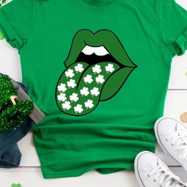 St. Patrick's Day Clover & Lips Print T-shirt, Casual Short Sleeve Crew Neck Top For Spring & Summer, Women's Clothing