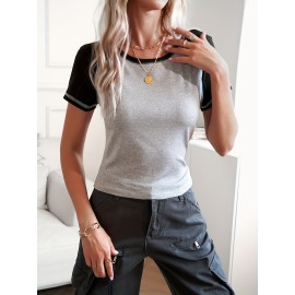 Two-tone Y2K Crew Neck T-shirt, Short Sleeve Slim T-shirt For Spring & Summer, Women's Clothing