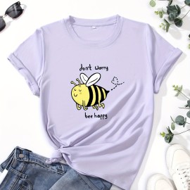 Cartoon Bee Print Crew Neck T-Shirt, Casual Short Sleeve T-Shirt For Spring & Summer, Women's Clothing