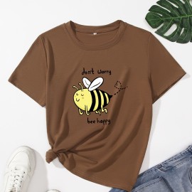 Cartoon Bee Print Crew Neck T-Shirt, Casual Short Sleeve T-Shirt For Spring & Summer, Women's Clothing