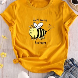 Cartoon Bee Print Crew Neck T-Shirt, Casual Short Sleeve T-Shirt For Spring & Summer, Women's Clothing