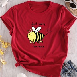 Cartoon Bee Print Crew Neck T-Shirt, Casual Short Sleeve T-Shirt For Spring & Summer, Women's Clothing