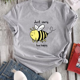 Cartoon Bee Print Crew Neck T-Shirt, Casual Short Sleeve T-Shirt For Spring & Summer, Women's Clothing